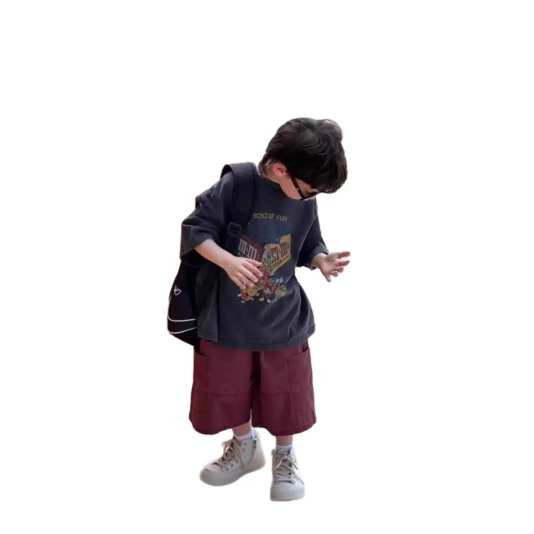 Boys Summer Cartoon Round Neck T-Shirt Maroon Shorts - Image 6