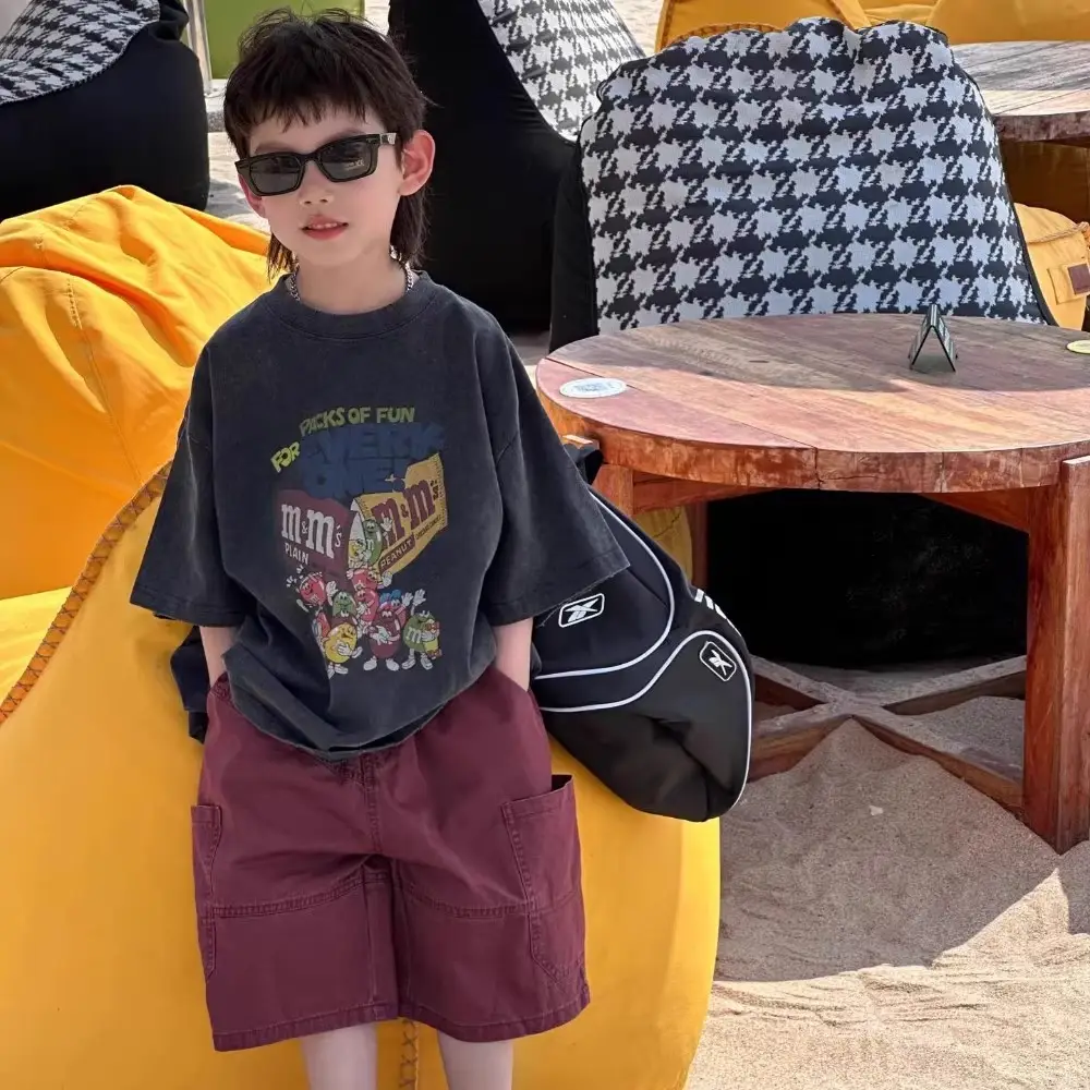 Boys Summer Cartoon Round Neck T-Shirt Maroon Shorts — feature 10