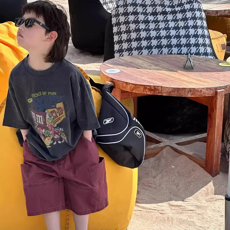 Boys Summer Cartoon Round Neck T-Shirt Maroon Shorts — feature 11