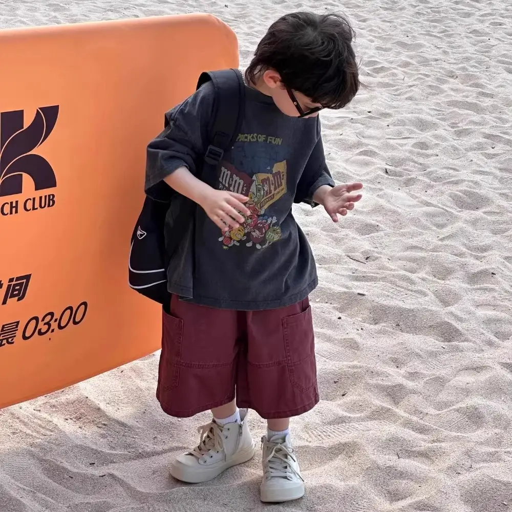 Boys Summer Cartoon Round Neck T-Shirt Maroon Shorts — feature 9