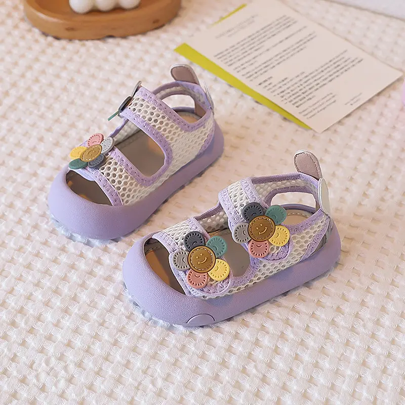 Baby Girl Purple Mesh Sandals with Flower Decor