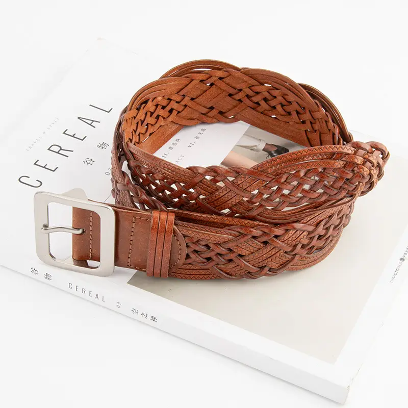 Korean Style Women's Woven Leather Belt Brown - Image 9