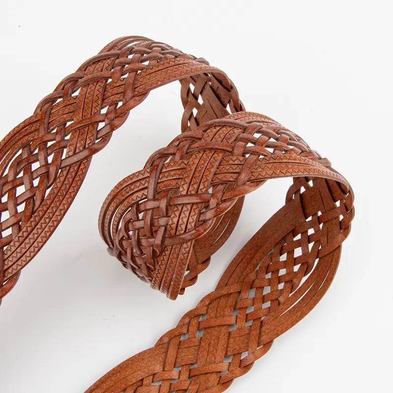 Korean Style Women's Woven Leather Belt Brown - Image 10