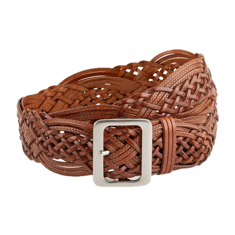 Korean Style Women's Woven Leather Belt Brown - Image 11