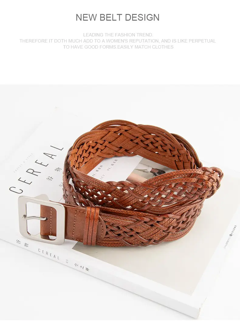 Korean Style Women's Woven Leather Belt Brown — feature 10