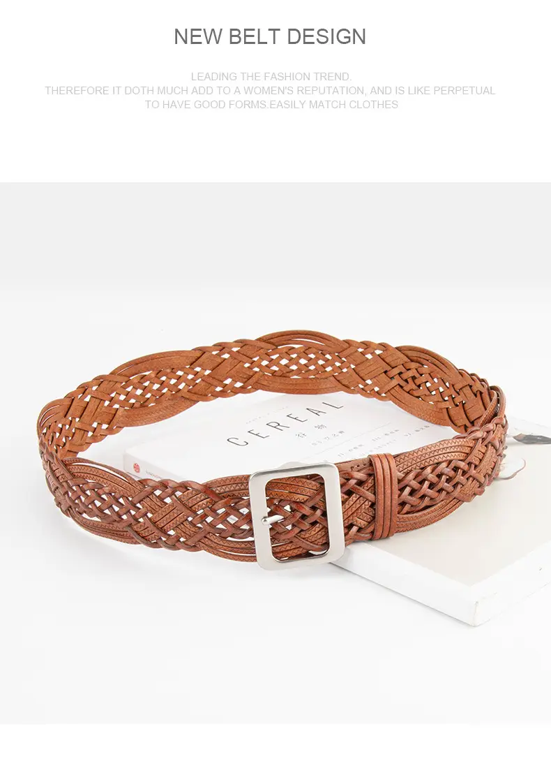 Korean Style Women's Woven Leather Belt Brown — feature 11