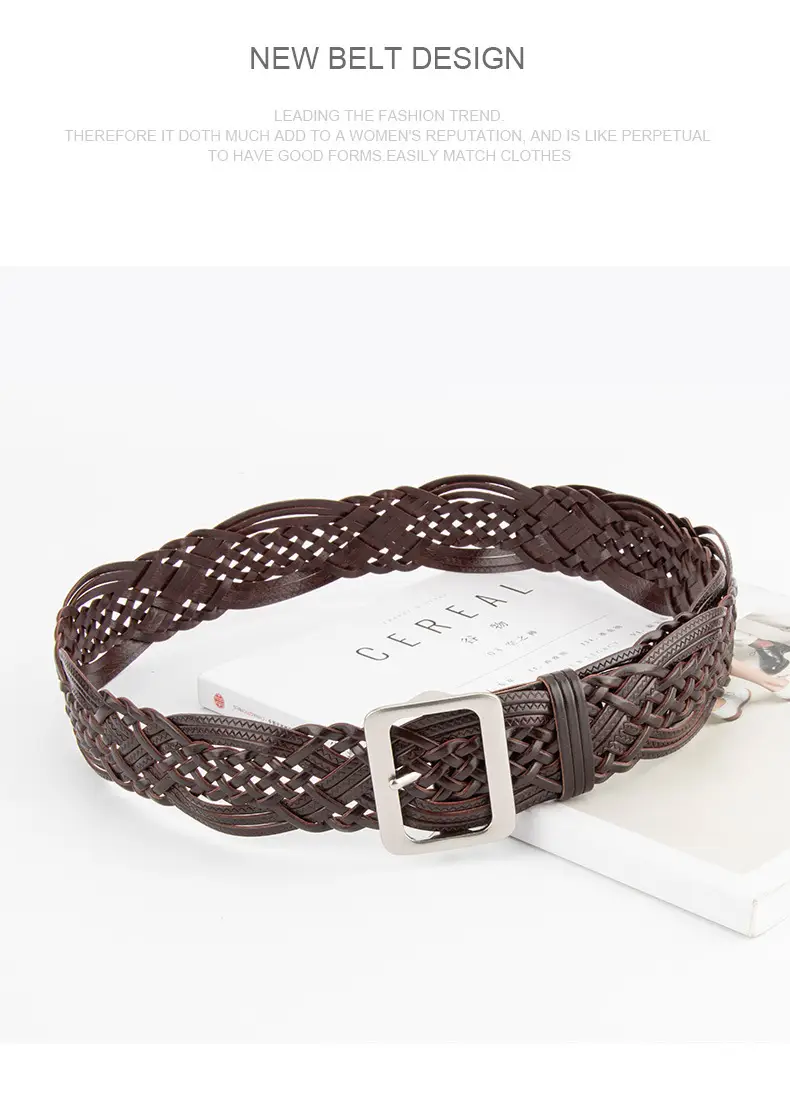 Korean Style Women's Woven Leather Belt Brown — feature 13