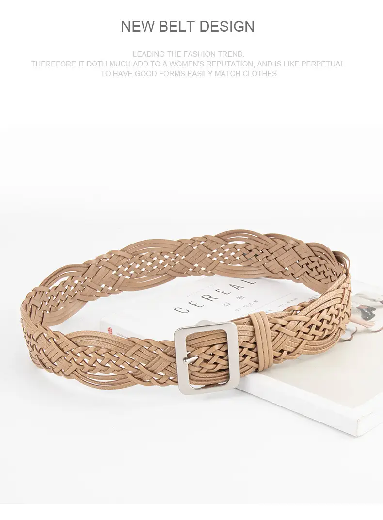 Korean Style Women's Woven Leather Belt Brown — feature 14