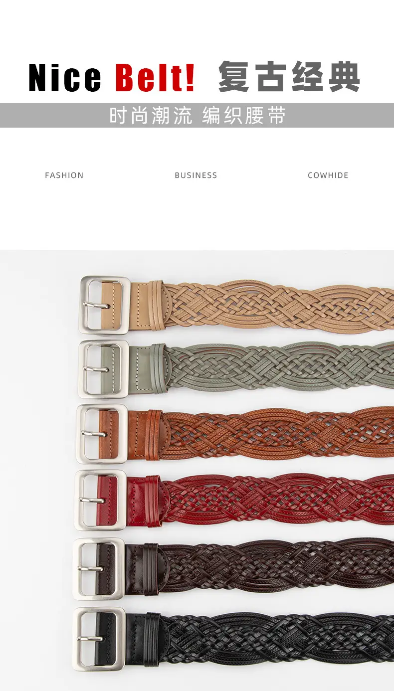 Korean Style Women's Woven Leather Belt Brown — feature 3