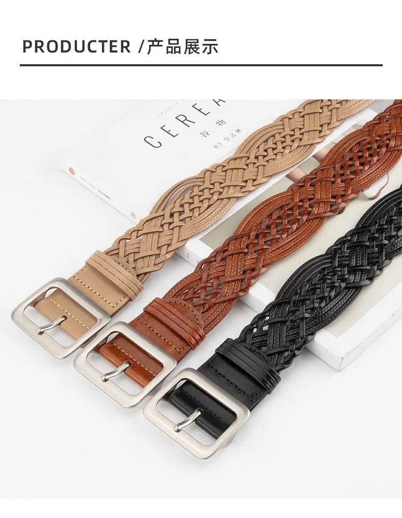 Korean Style Women's Woven Leather Belt Brown — feature 9