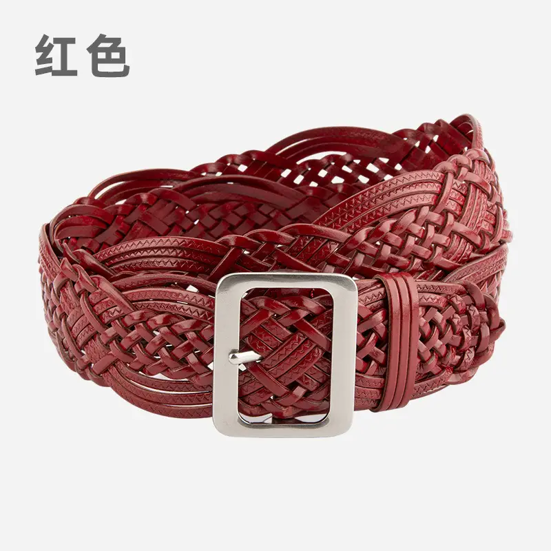 Korean Style Women's Woven Leather Belt Brown - Image 2
