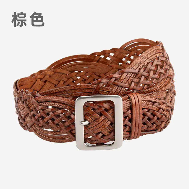 Korean Style Women's Woven Leather Belt Brown - Image 6
