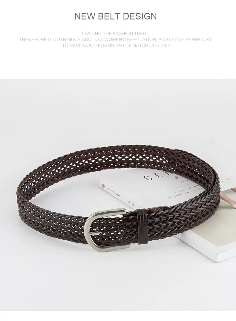 Brown Handwoven Women's Wide Belt with Silver Buckle — feature 14
