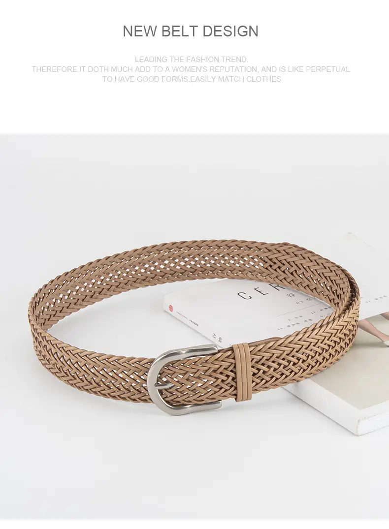 Brown Handwoven Women's Wide Belt with Silver Buckle — feature 15