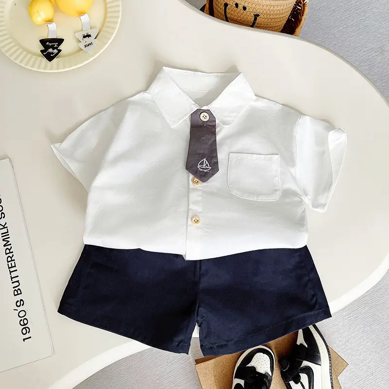Children White Navy Polo Shirt Shorts Set Summer Wear — feature 6