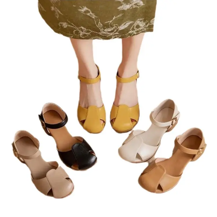 Round-Toe Retro Closed-Toe Sandals for Women, New Summer 2024 Style with Chunky Heels, Single Strap, Hollow Roman High-Heeled Sandals - Image 7