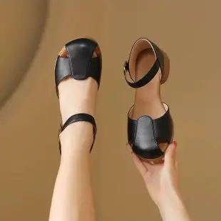 Round-Toe Retro Closed-Toe Sandals for Women, New Summer 2024 Style with Chunky Heels, Single Strap, Hollow Roman High-Heeled Sandals - Image 3