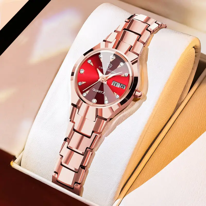 Women's Luxury Quartz Watch with Red Dial & Water Resistant