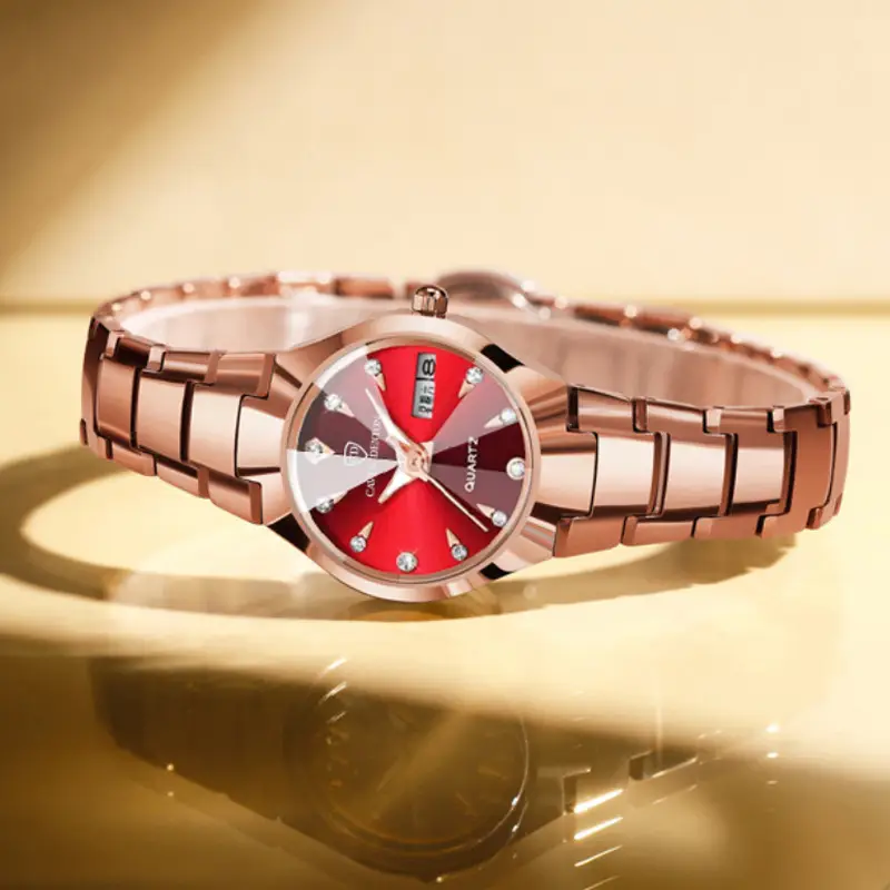 Women's Luxury Quartz Watch with Red Dial & Water Resistant