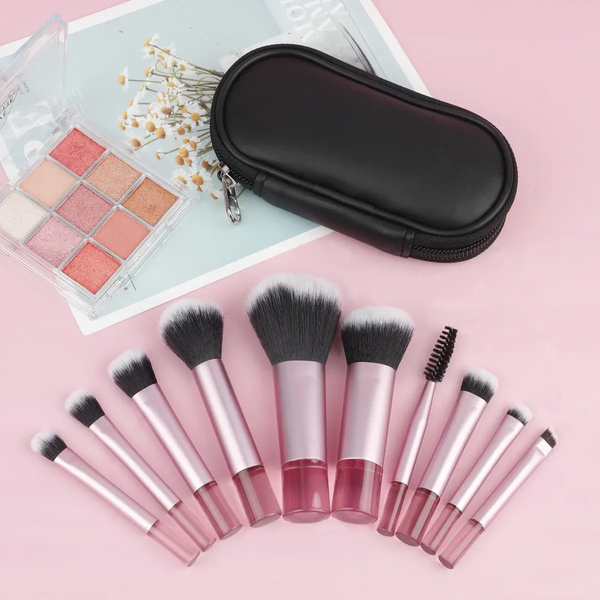 10-Piece Rose Gold Makeup Brush Set with Travel Bag - Image 5