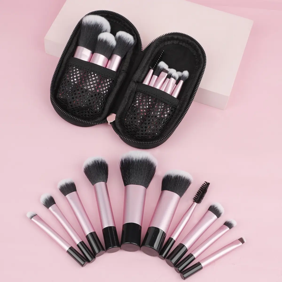 10-Piece Rose Gold Makeup Brush Set with Travel Bag - Image 6