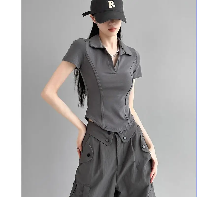 Korean Style Fishbone Polo Collar Slim Short-Sleeved T-Shirt for Small Women 2025 Summer New Chic T-Shirt Top