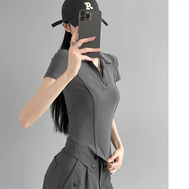 Korean Style Fishbone Polo Collar Slim Short-Sleeved T-Shirt for Small Women 2025 Summer New Chic T-Shirt Top