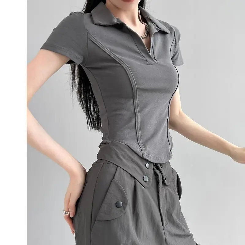 Korean Style Fishbone Polo Collar Slim Short-Sleeved T-Shirt for Small Women 2025 Summer New Chic T-Shirt Top