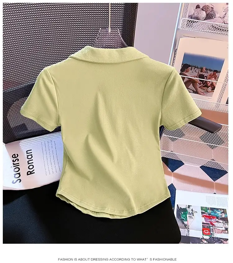 Korean Style Fishbone Polo Collar Slim Short-Sleeved T-Shirt for Small Women 2025 Summer New Chic T-Shirt Top — feature 10