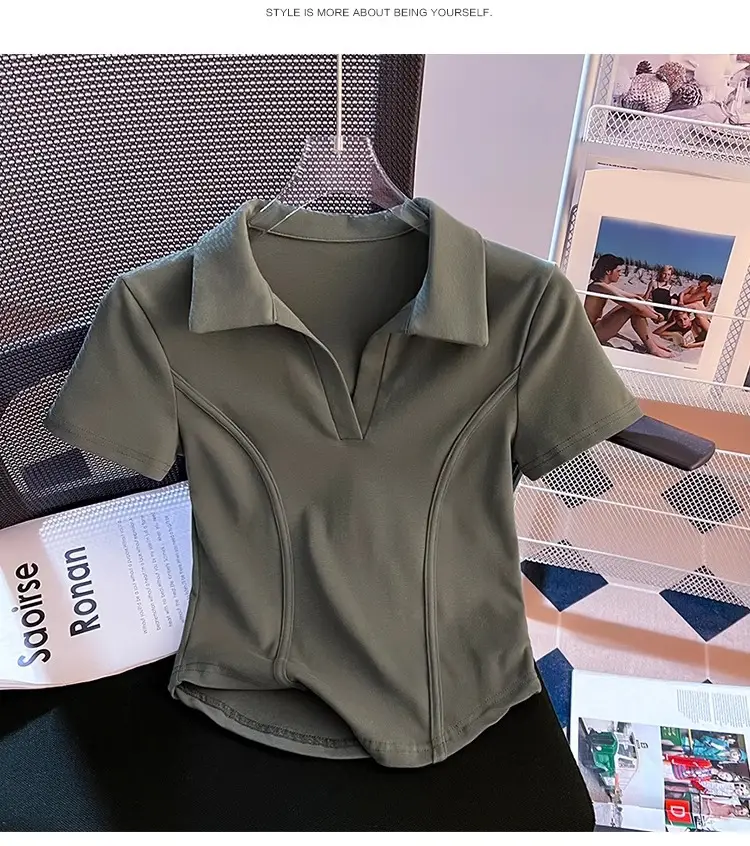 Korean Style Fishbone Polo Collar Slim Short-Sleeved T-Shirt for Small Women 2025 Summer New Chic T-Shirt Top — feature 11