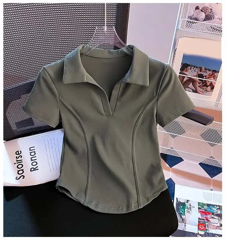 Korean Style Fishbone Polo Collar Slim Short-Sleeved T-Shirt for Small Women 2025 Summer New Chic T-Shirt Top — feature 12