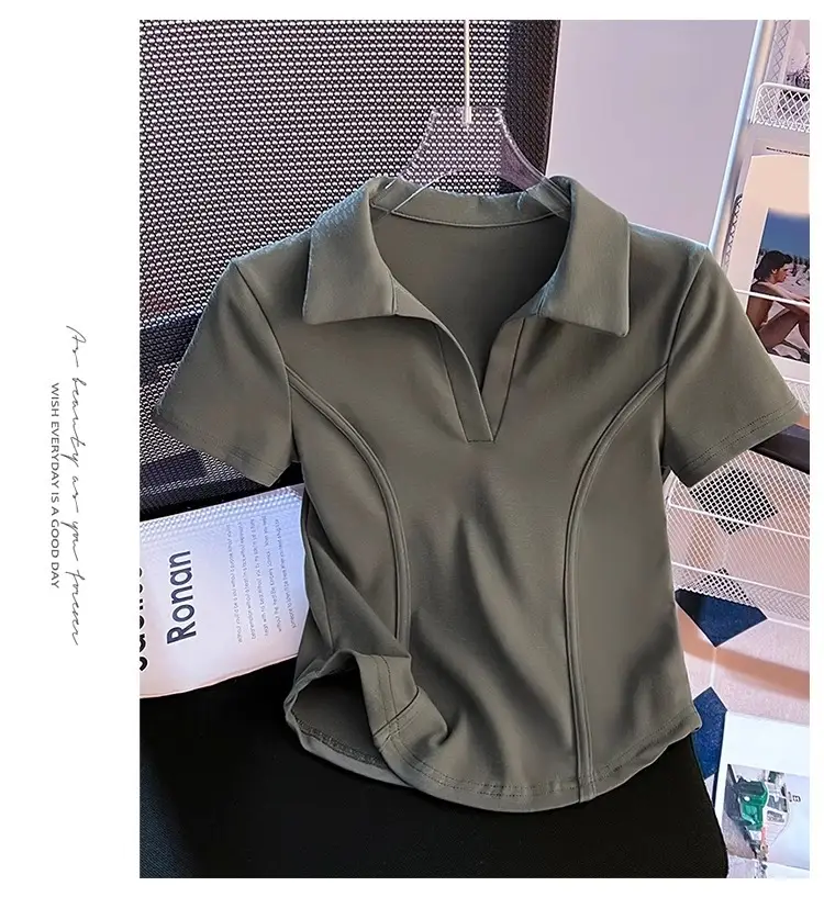 Korean Style Fishbone Polo Collar Slim Short-Sleeved T-Shirt for Small Women 2025 Summer New Chic T-Shirt Top — feature 13