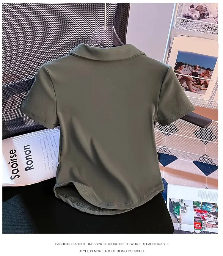 Korean Style Fishbone Polo Collar Slim Short-Sleeved T-Shirt for Small Women 2025 Summer New Chic T-Shirt Top — feature 14
