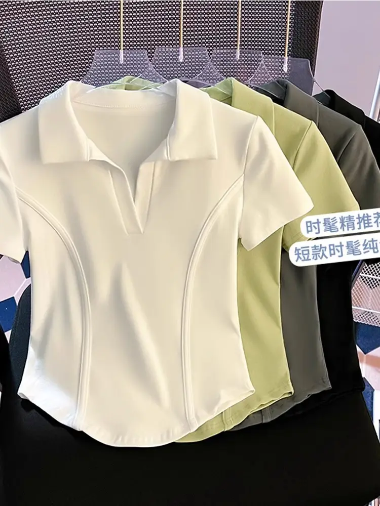 Korean Style Fishbone Polo Collar Slim Short-Sleeved T-Shirt for Small Women 2025 Summer New Chic T-Shirt Top — feature 17