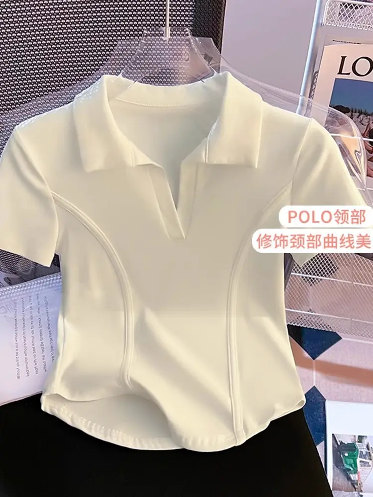 Korean Style Fishbone Polo Collar Slim Short-Sleeved T-Shirt for Small Women 2025 Summer New Chic T-Shirt Top — feature 18
