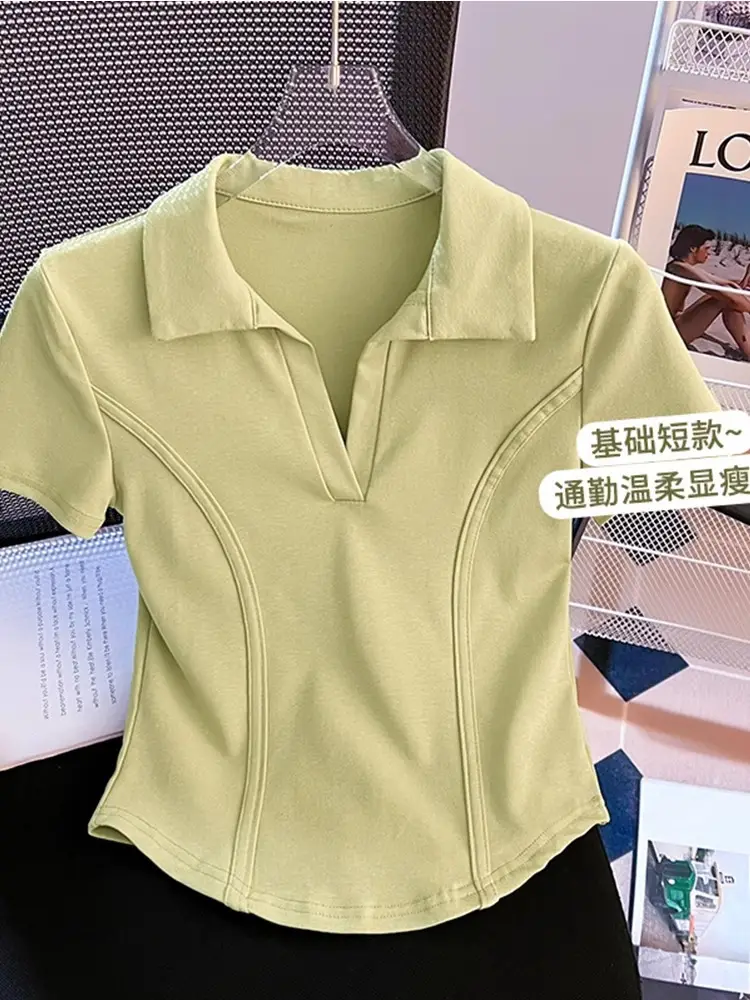 Korean Style Fishbone Polo Collar Slim Short-Sleeved T-Shirt for Small Women 2025 Summer New Chic T-Shirt Top — feature 19