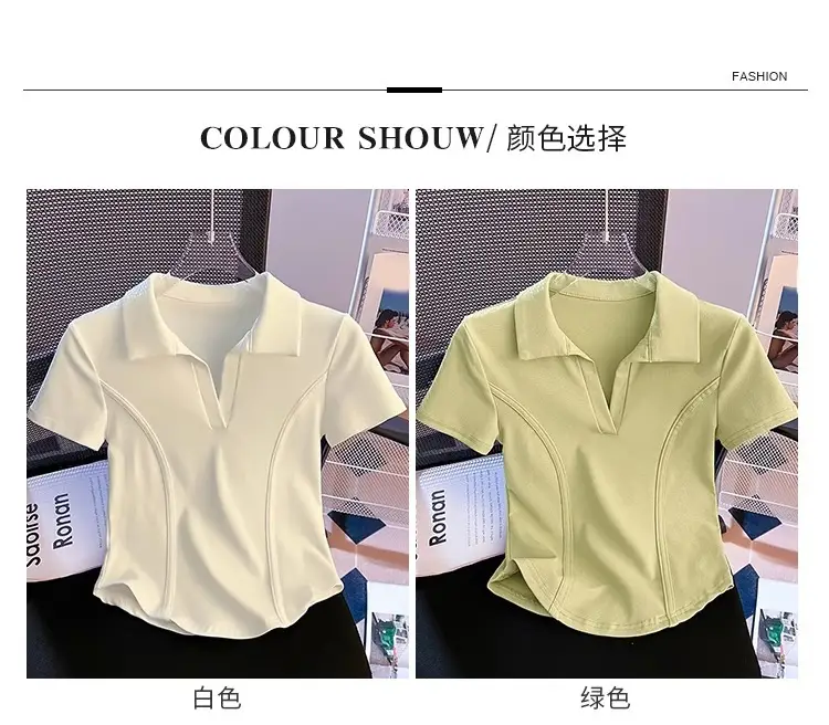 Korean Style Fishbone Polo Collar Slim Short-Sleeved T-Shirt for Small Women 2025 Summer New Chic T-Shirt Top — feature 2