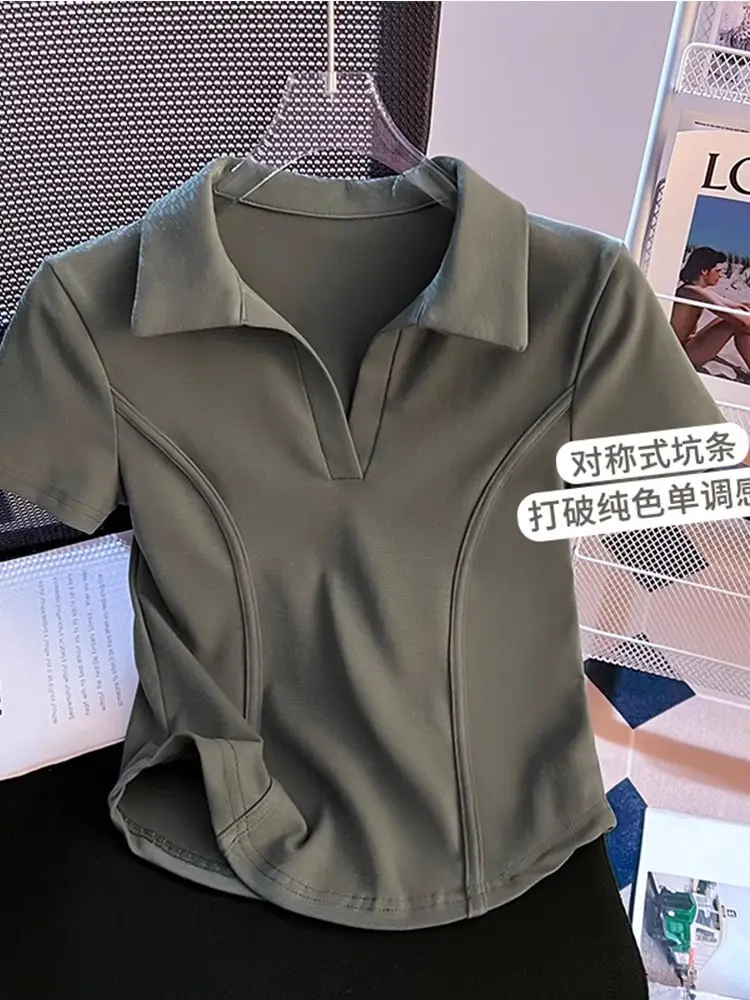 Korean Style Fishbone Polo Collar Slim Short-Sleeved T-Shirt for Small Women 2025 Summer New Chic T-Shirt Top — feature 20