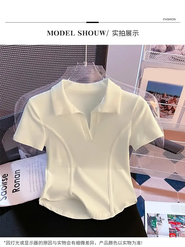 Korean Style Fishbone Polo Collar Slim Short-Sleeved T-Shirt for Small Women 2025 Summer New Chic T-Shirt Top — feature 4