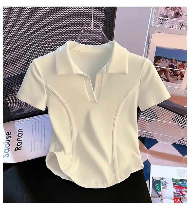 Korean Style Fishbone Polo Collar Slim Short-Sleeved T-Shirt for Small Women 2025 Summer New Chic T-Shirt Top — feature 5