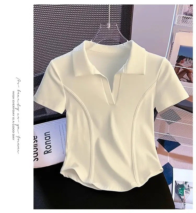 Korean Style Fishbone Polo Collar Slim Short-Sleeved T-Shirt for Small Women 2025 Summer New Chic T-Shirt Top — feature 6