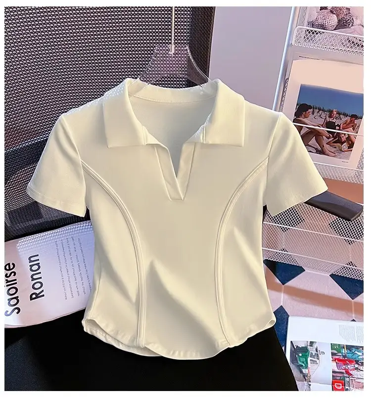 Korean Style Fishbone Polo Collar Slim Short-Sleeved T-Shirt for Small Women 2025 Summer New Chic T-Shirt Top — feature 7