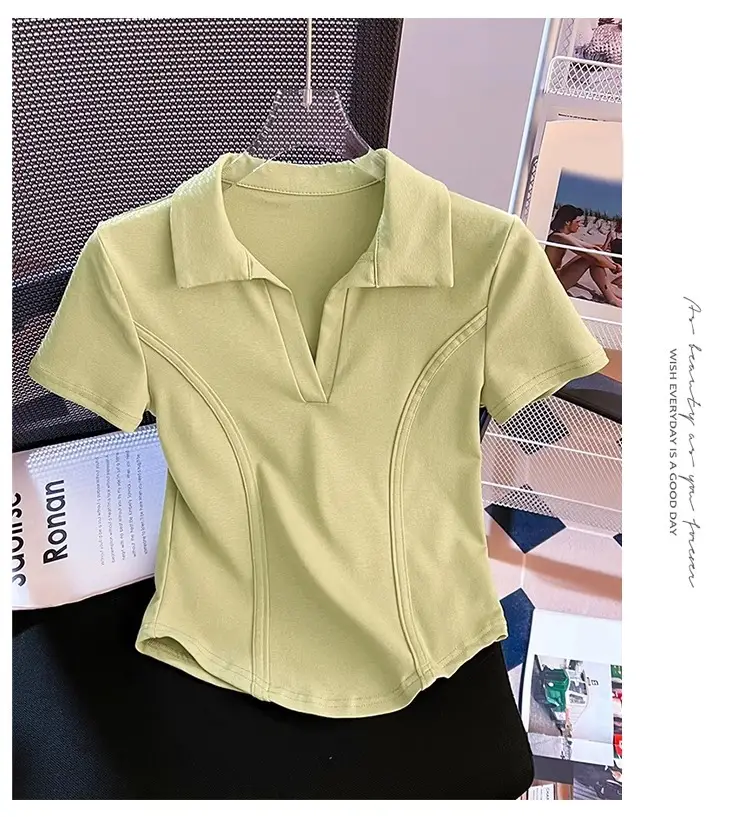 Korean Style Fishbone Polo Collar Slim Short-Sleeved T-Shirt for Small Women 2025 Summer New Chic T-Shirt Top — feature 8