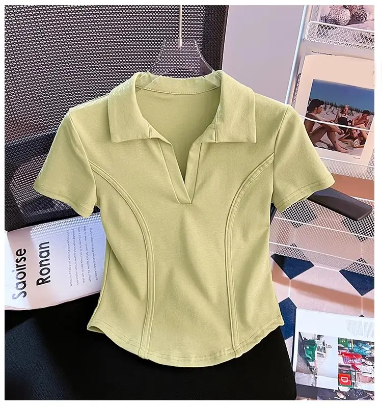 Korean Style Fishbone Polo Collar Slim Short-Sleeved T-Shirt for Small Women 2025 Summer New Chic T-Shirt Top — feature 9