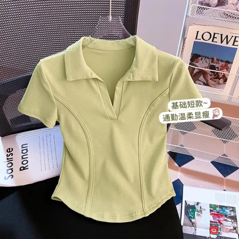 Korean Style Fishbone Polo Collar Slim Short-Sleeved T-Shirt for Small Women 2025 Summer New Chic T-Shirt Top