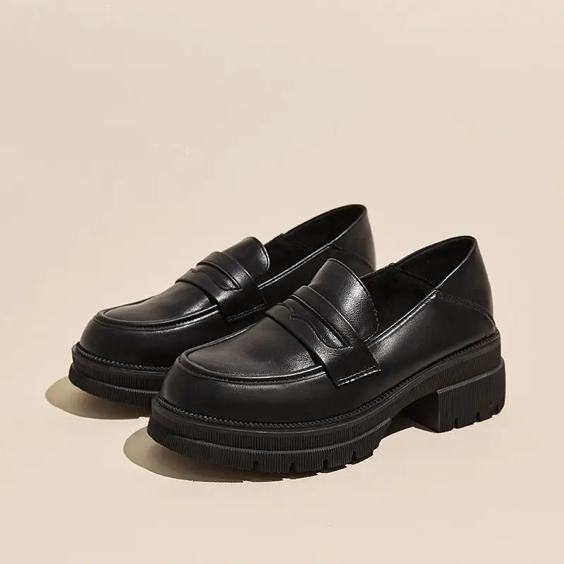 Small Leather Shoes Women 2022 New Spring Autumn Thick Heel Platform Loafers British Style Round Toe Soft Leather Jk Shoes — feature 5