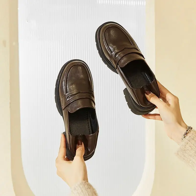Small Leather Shoes Women 2022 New Spring Autumn Thick Heel Platform Loafers British Style Round Toe Soft Leather Jk Shoes — feature 9