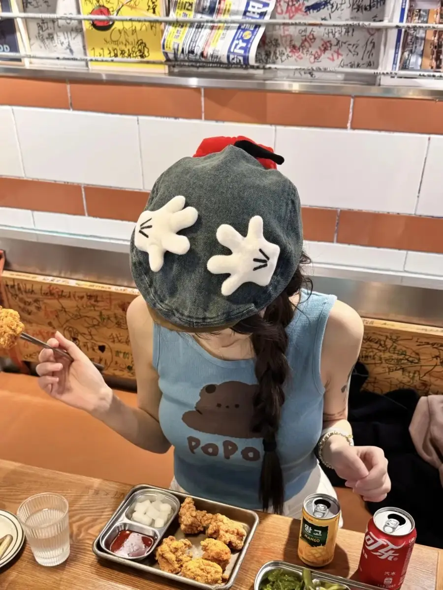 Women Cartoon Butt Wash Denim Hat with Face Revealing Design — feature 5