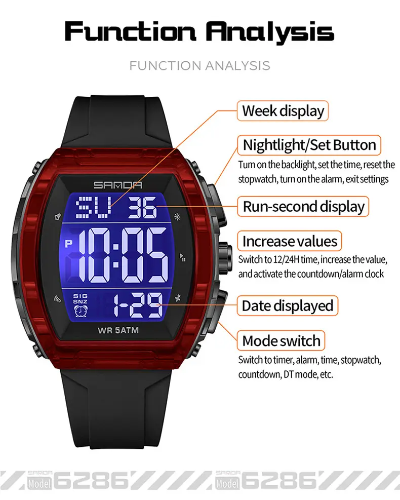 Sanda Orange Digital Alarm Watch with Water Resistant Design — feature 36