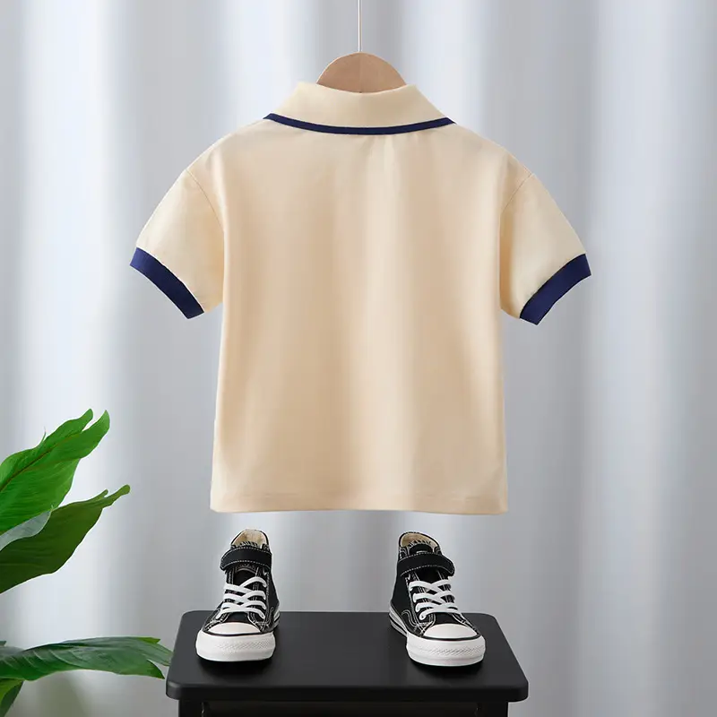 Boys Polo T-Shirt Summer 2025 Beige Navy Sleeve - Image 2
